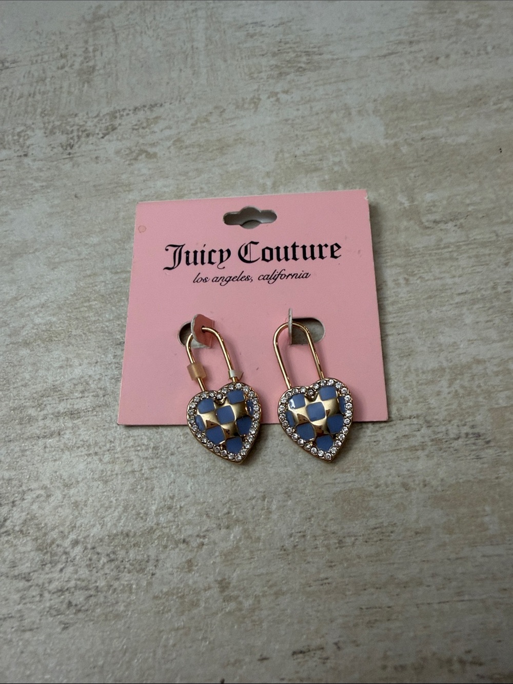 Juicy Couture Blue and Gold Checkerboard Heart Earrings